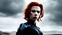 Scarlett Johansson as the Black Widow in an apocalyptic scene of the End of the World, photoreal with scientific detail, cinematic lighting