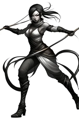 female gray skin Shadar-Kai wielding a Whip a whip made out of black thorns