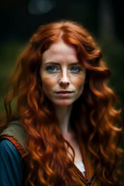 portrait of a beautiful 35 year old highlander woman with long reddish wavy hair, earthbound