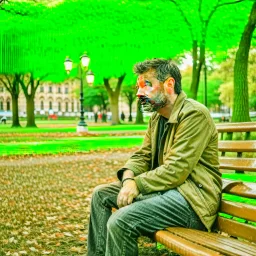 The figure of a man in a park sitting on a bench, thinking about complex issues.