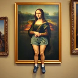 A painting of Mona Lisa on the wall, the frame with shorts and Crocs attached to her human legs