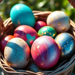 digital photograph of off-center modern basket colorful Easter eggs. eggs display intricate textures in azure, emerald, blush, crimson, sapphire, and gilded metallic hues. cinematic HDR backlighting highlights subtle dimples and glossy reflections, with shallow depth of field softening the sunlit background. hyperrealistic 8k resolution,