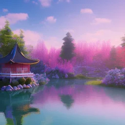 jolie petite maison asiatique lacustre, lac turquoise, ciel rose et bleu, lumière, fleurs délicates, ambiance très réelle, 8k, Cinematic lighting. Photorealistic. Dynamic lighting. Imperial colors.