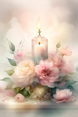 MAGIC A PYRAMID CANDLE IS BURNING AROUND WONDERFUL FLOWERS English watercolor, Smoky cream, pale gray, pale pink, pink background. bright light, a bouquet of roses on the table are pale pink, pale bordeaux, white, ochre. green stems, the light is translucent. Watercolor, fine ink drawing, peonies in an hourglass, elegant gold inlay, rich interior