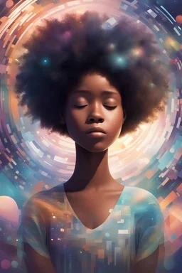 An ethereal digital landscape featuring an afro caribbean teenage girl surrounded by swirling pixels and virtual elements, her eyes closed in serene meditation as she finds solace and inner peace within the virtual oasis.