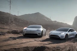 A Tesla 'Model Y' is racing at top speed, within the trench of the Death Star. (CINEMATIC, WIDE ANGLE LENS, PHOTO REAL)