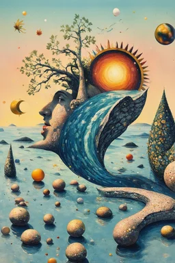 Nothing's going to stop the flow; Neo-Surreal Symbolism of the mental state of flow inspired by Hundertwasser and Kandinsky; Golden Hour; Controversial; Mendacious; Audacious; Whimsical; sparkly Pale Fluid Metal Pastel palette