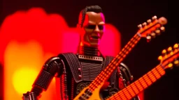 4K portrait of the real-life. Maximum details. Terminator robot playing guitar, firestarter, radio broadcast logo, flames in the background. Radio hard rock