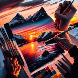 Produce an illustration of hands holding artist's tools against the backdrop of a breathtaking Norwegian sunset, symbolizing the freedom of expression and creativity offered by Starksøn's high-quality art supplies.