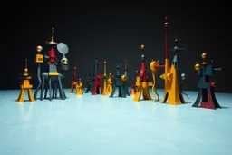 Fotografia di una superficie piatta di colore azzurro chiaro e giallo pastello, su cui si ergono enormi surreali strutture di forma astratta e surreale, di metallo, di colori vari, forti contrasti. Buio. Joan Miró odd style. Strong 3d deep field. Oscurità, paranoic, obsessive, homologic, phobic, nightmare, notte, glossy, hasselblad h6d400c --ar 85:128 --v 6.