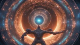 photorealistic Aztec cyborg opalescent space gigantic monster, interstellar galactic particles stream event horizon, entering a quantum wormhole with great exoplanet crashing, blackhole