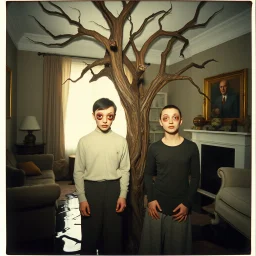 foto polaroid 1980 surreale di persone con occhi grandi, bocca inespressivi, bo e nemo, dettagloli dei vestiti molto accentuati, misterioso, tenebroso, albero marcio, macabro, interno salotto, fiotti di liquido nero, minimalist, Yves Tanguy style, strangeness, sundial light, midday, intricate, hypnotic, 8k, deep 3d field, very accentuated details of the dress and skin, eerily mysterious, artistic photo, shot on Hasselblad