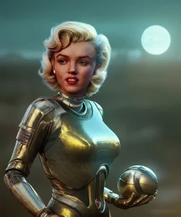 Ultra Realistic retro sci-fi 1960 scene, waist up view portrait, blonde woman, sweet young Marilyn Monroe face, perfect iris, tight latex coat, Strange planet background, Retro sci-fi style glass helmet, sphere dron, fog, rain, soft color, highly detailed, unreal engine 5, ray tracing, RTX, lumen lighting, ultra detail, volumetric lighting, 3d, finely drawn, high definition, high resolution.