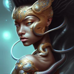 sango fantasy, fantasy magic, intricate, sharp focus, illustration, highly detailed, digital painting, concept art, matte, masterpiece head sexy lady body black African beauty space lady black snake skin African space night