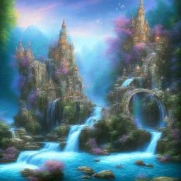 butterflies, turquoise river, waterfalls, fairy castle