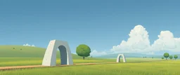 Technical humorous safety-pamphlet illustration showing a small autonomous robot transport system in a rural landscape. The infrastructure consists of MANY SEPARATE, SHORT, HEAVY CONCRETE SLABS placed at regular intervals, NOT a continuous bridge and NOT a building. Each slab is a simple compact H-shaped concrete structure, approximately 2–3 meters wide and only slightly taller than a person. The slabs are clearly separated from one another by open gaps of several meters. Each H-shaped slab ha