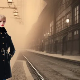 A beautiful slender well dressed young Russian woman with short blonde hair and a black trench coat, waiting for a man at night at a train station in London