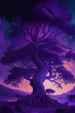 majestic tree, psychedelic, violet tones, fantasy landscape