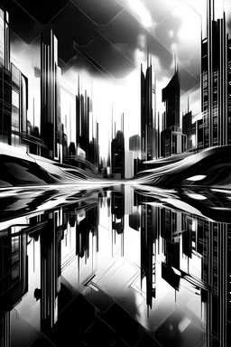 futuristic cityscape where buildings appear as liquid shadows black and white