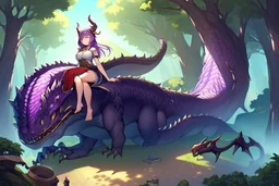 House, forest, girl , purple hair, big dragon tail, dragon horns, sit, dragon ear , have sword, dragon foot , cristal