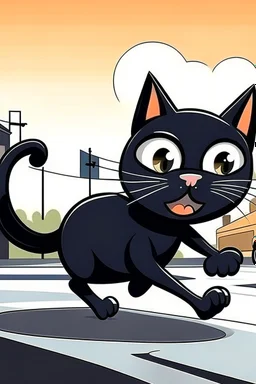 black thin cat cartoon crossing street