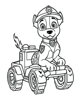 outline art for Paw Patrol Marshall With Fire Truck coloring page, Japanese manga style, cartoon style, cute face, white background sketch style, full body is a must, only use outline, clean line art, no shadow, bold outline