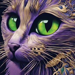 A stunningly detailed close-up portrait of a cat's eye, adorned with intricate navy blue and gold lines. His deep purple lips drip with lilac liquid, while his mesmerizing green eyes exude a magnetic allure that draws the viewer in. Hans Darias AI ultra-detailed features of his eyelashes and skin tone accentuate the radiant beauty of the scene. In the foreground, a small figure of a makeup artist is suspended from a metal scaffold by chains, meticulously applying makeup to the magician's eye wit