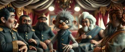 fascist dynasty soap opera, entire cast, photo shoot, posing, movie poster, with posters in it, close up portrait of hairy fluffy polymer clay cute female happy worried monster with realistic human colored and textured skin, and long sleek limbs and with studio lights, on a luxury ornate tent buss, talking to his aunt