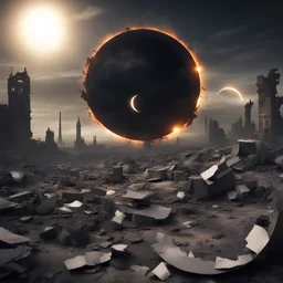 the remains of a destroyed world with a solar eclipse