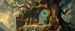 a myrriad and a star golem feast with greek gods, swirling illusion clouds, walls caving in, indian gods also, twisting grid blanket, serpent in rotten tree