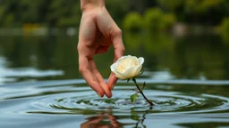 Young woman hand holding man's hand , close a white rose swims on the water, in the blur background a lake, some green trees, ultra detailed, sharp focus, perfect anatomy, perfect hands with fingers, perfect photo