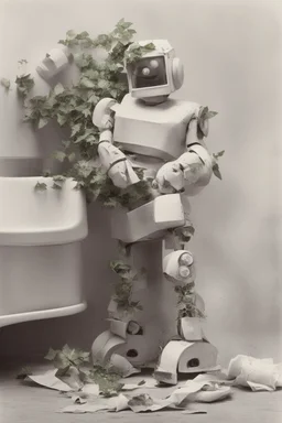 rollerflex photograph 1950s, dusty, robot made from toilet paper and infected with ivy, 4k, no