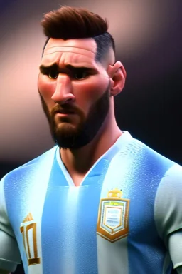 Realistic Messi Argentina soccer player Portrait, mid shot view, angry, concept art, art station, 3d, photo studio, blue clean background, unreal engine 5, ray tracing, RTX, lumen lighting, ultra detail, volumetric lighting.