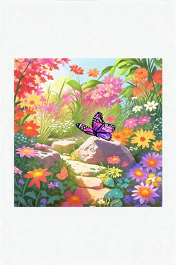 One striking, purple butterfly on a rock in a colorful garden background , child book illustration style, butterfly must be the same as reference image