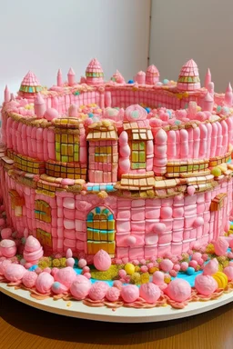 A pink ruined coliseum made out of sweets with fairies painted by Piet Mondrian