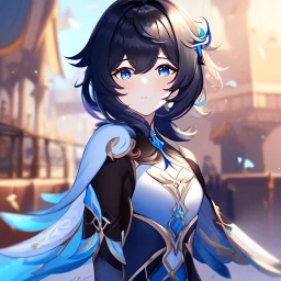 Clear focus,High resolution, Black short fluffy hair, and blue eyes, wearing a Genshin Impact inspired outfit, detailed clothes,must be wearing a short skirt, Art