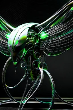 Cyborg symbiote, white color, green color, tendrils, high tech, cyberpunk, biopunk, membrane wings, carbon fiber