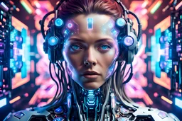 Generate an image of a futuristic cyborg with human-like features, such as lifelike skin and hair, as it interacts seamlessly with a kaleidoscope of vibrant holographic images and icons emanating from a computer terminal within a mesmerizing cyberspace realm.
