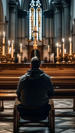 a rear view of a man sitting on a bench prying in the church facing a statue of Jesus on the cross and candles, show the man in the middle and from the back of the picture