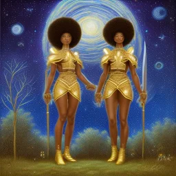 Female angelic African American Twins, black skin, tall and slender, long afro kinky hair,big brown eyes, long eyelashes warrior wear. Big butts. Gold accents on clothing. Surround by trees. Holding golden spears. Starry night