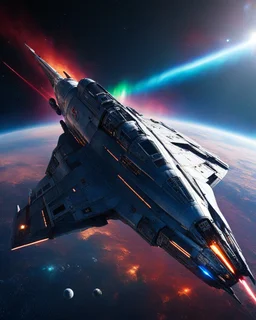 Sci-Fi in Movie Star wars style cinematic colors - High Details Photography Alien Jet Spaceship Futuristic - Spaceship Jet Modification Shaped Futuristic Alien Space ship - Best Shooting Best length Angle Photograph - DSLR Lens Camera,Flying Above on cosmic galaxy planets nebula aurora cinematic colors