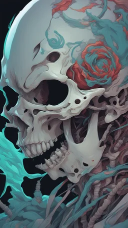 a close up of a person with a skull on their head, anime skull portrait man, scary detailed art in color, hiroyuki-mitsume takahashi, nychos art aesthetic, half man half skeleton, anime cyberpunk art, colored manga art, rossdraws pastel vibrant, cold colors. insanely detailed, beautiful anime portrait, stunning anime face portrait, scary art in color