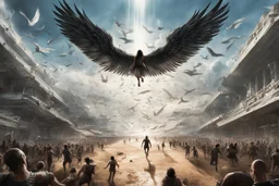 View of a modern Elysium with winged females flying over people running away in fear