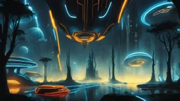 tron legacy movie, creatures,, space ships, city of the future, trees , forest, yellow, blue, red, orange