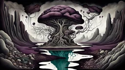 painted inner world with uncontrolled mind and neurodivergens soul, floating islands and rocks over surreal cracked weird empty landscape . deep dark purple, gray, black, white, brown, malachit, cream color. Whimsical style of Redmer Hoekstra, of Anna Dittman. No people in picture, weird absurd beauty nightmare, black rawen, in background fade neuron network-web, surreal vibe, no humans