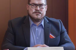 big russian man sitting at desk, portrait, speech, TV address, nametag, glasses, neck beard, bristly hair, mustache, shirt and suit-jacket; caricature style, black and white; pencil sketch