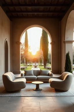 un canapé design et deux fauteuils au design futuriste en laine bouclettes beige dans le cloître d'un monastère cistercien avec des cyprès et des oliviers. Lumière soleil couchant