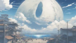 giant half transparent moon, glitchy, blurry, mechanical, sci-fi, maximum quality, centered on frame, far view, seasidel, white sky with cumulonimbus, anime, makoto shinkai style, japanese harbor