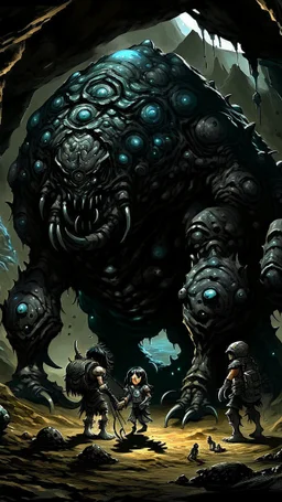 Dark fantasy painting art style. A man-sized, iridescent, naturally armored hexapod larvae. A child-sized, gray, apodous creature with a segmented, rotund torso. A bear-sized, black, apodous creature with a segmented, rotund torso surrounded by alien eggs. Within a pitch black cave