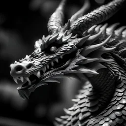 dragon neck and head smiking in black and white